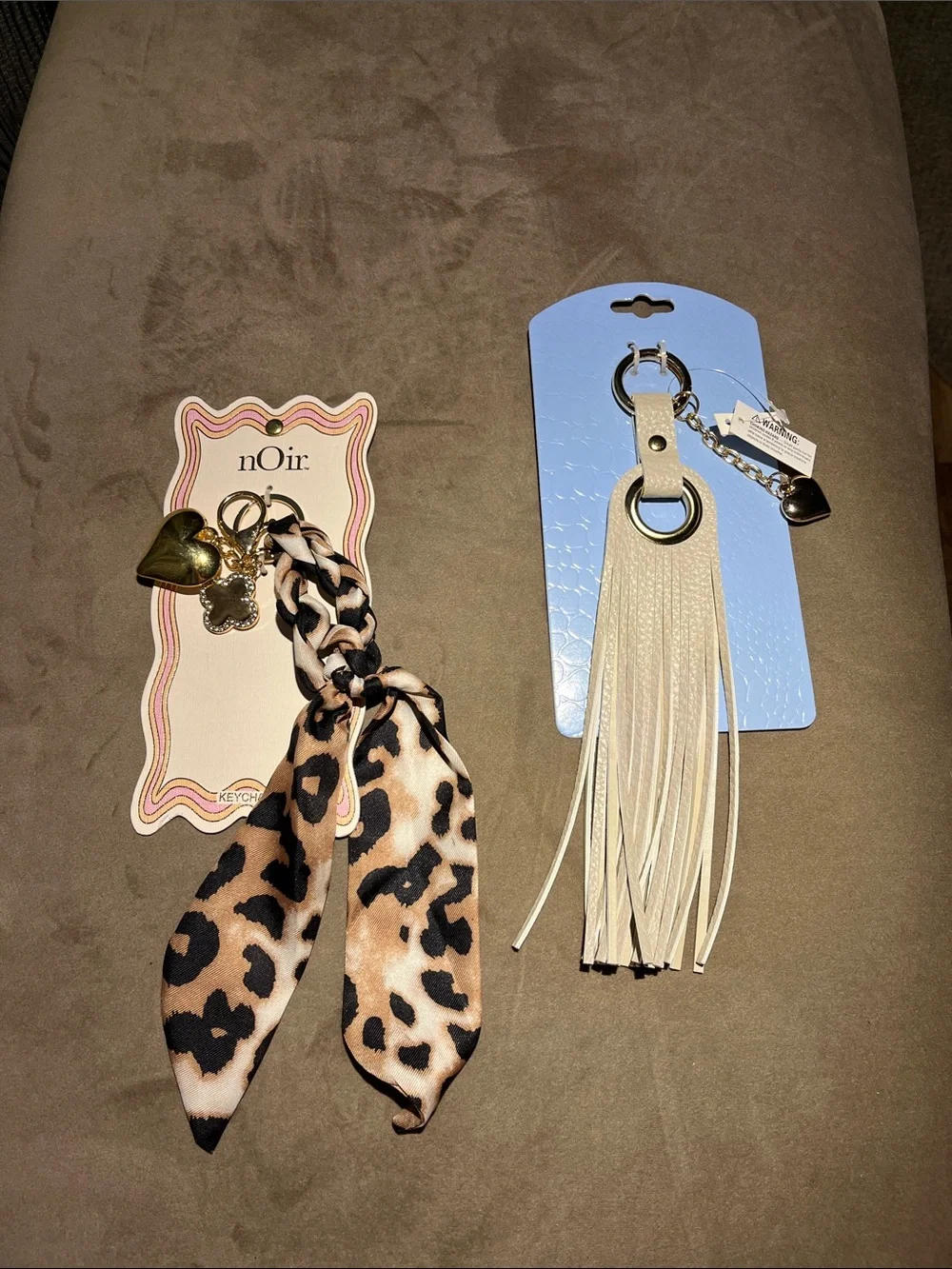 nOir Jewelry Leopard Print Scarf Keyring and Cream Tassel Keychain